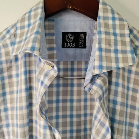 Forsyth of Canada Non Iron Shirt Men M Blue Plaid Long Sleeve Work Travel Casual - Picture 4 of 5